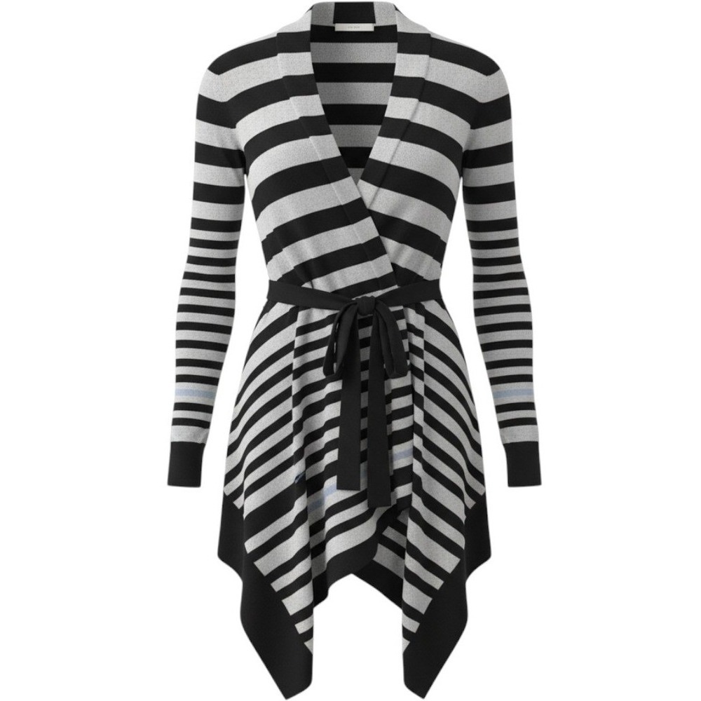 Moth Anthropologie Cardigan Sweater Womens Medium Navy Gray Striped Belted Wrap
